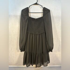 Shinestar Smocked Mini Dress Black Ruffle Hem Long Puff Sleeve Pleated  Large